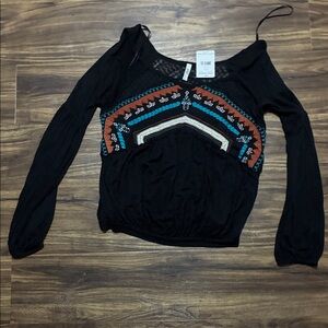 Free People Black Long-Sleeve Boho Embroidered Top with Teal & Rust Accents